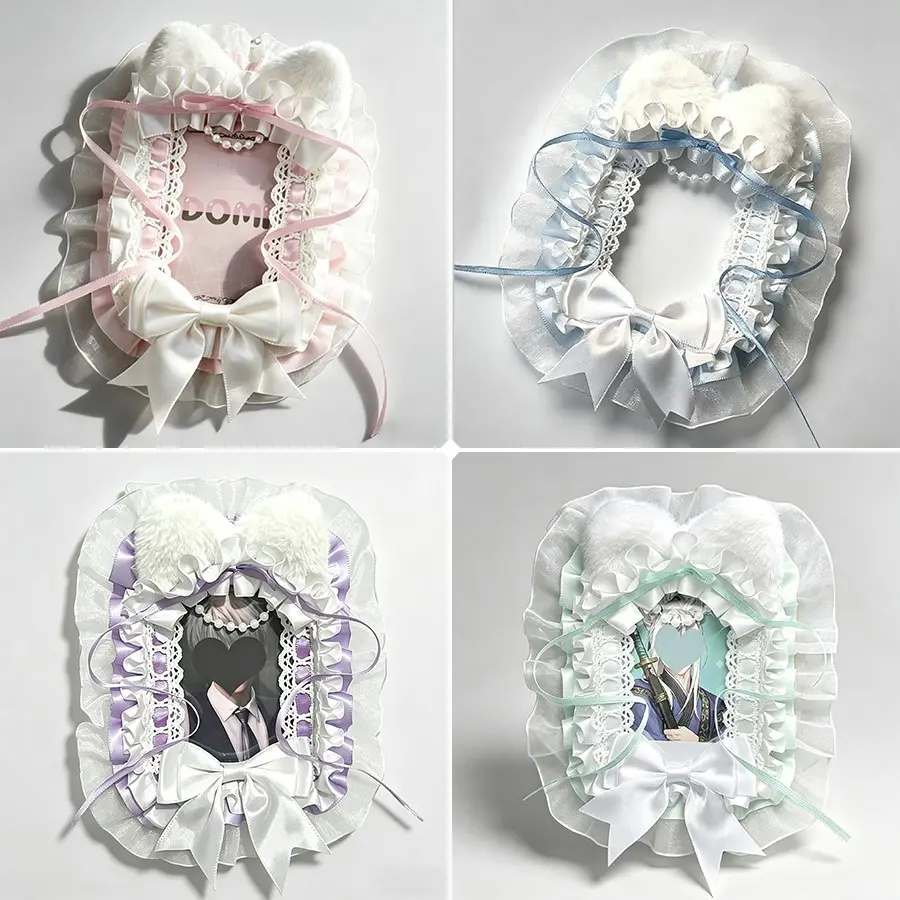 Adorable Bow Lace Plush Photo Card Holder, DIY Finished with Chain, Anime Idol Collectible, Transparent Student ID Case, Clear ID Badge Holder, Lomo 3 Inch Photo Clip, Badge Accessories, Id Holders For Badges