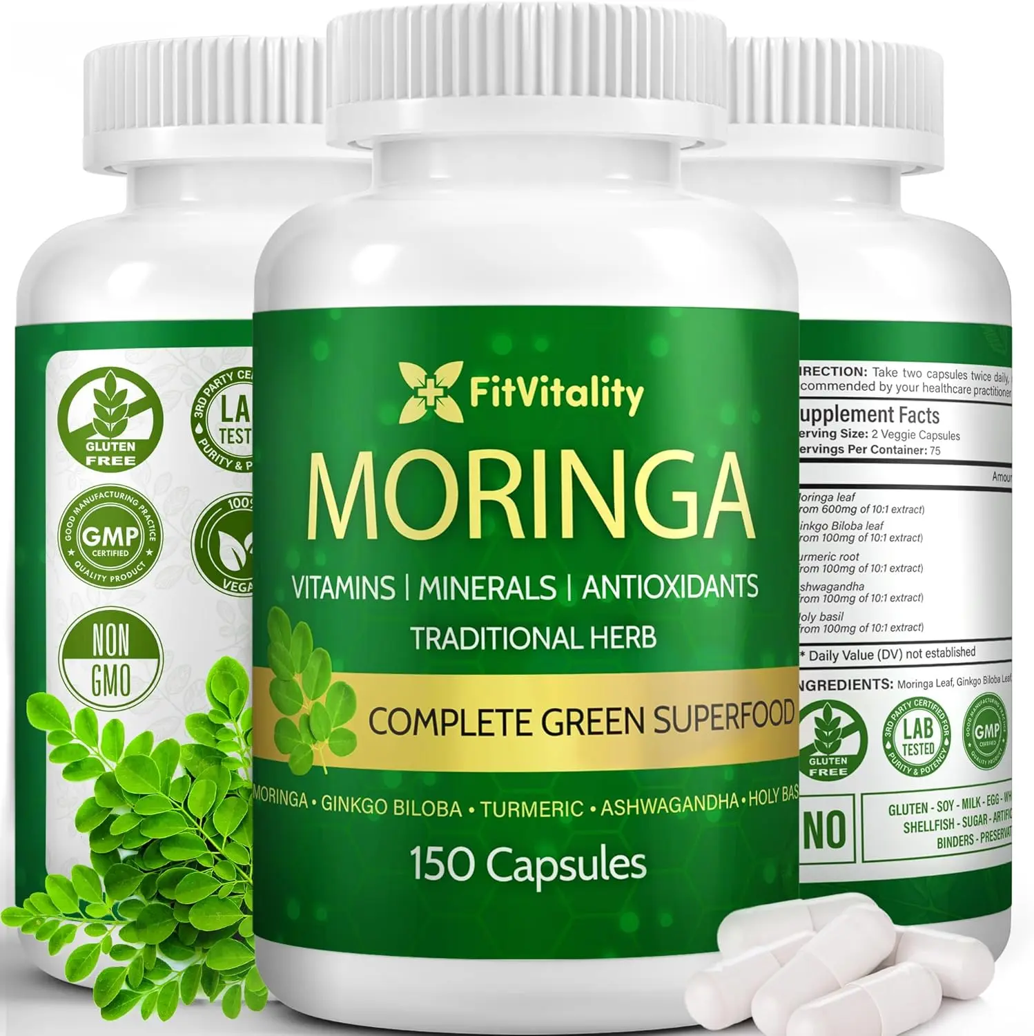 150 Veggie Moringa Premium Capsules - Moringa Leaf, Ginkgo Biloba Leaf, Turmeric Extract, Ashwagandha & Tulsi Holy Basil – 100% Natural Herbal Blend.