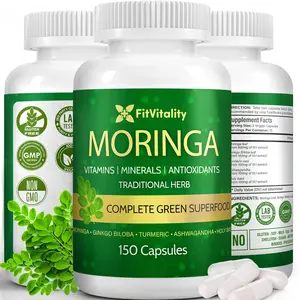 150 Veggie Moringa Premium Capsules - Moringa Leaf, Ginkgo Biloba Leaf, Turmeric Extract, Ashwagandha & Tulsi Holy Basil – 100% Natural Herbal Blend.