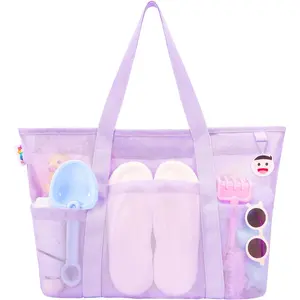 Mesh Beach Bag with Zipper Large Beach Tote  Sandproof with 8 Pockets for Toys Pool Bag Beach Accessories