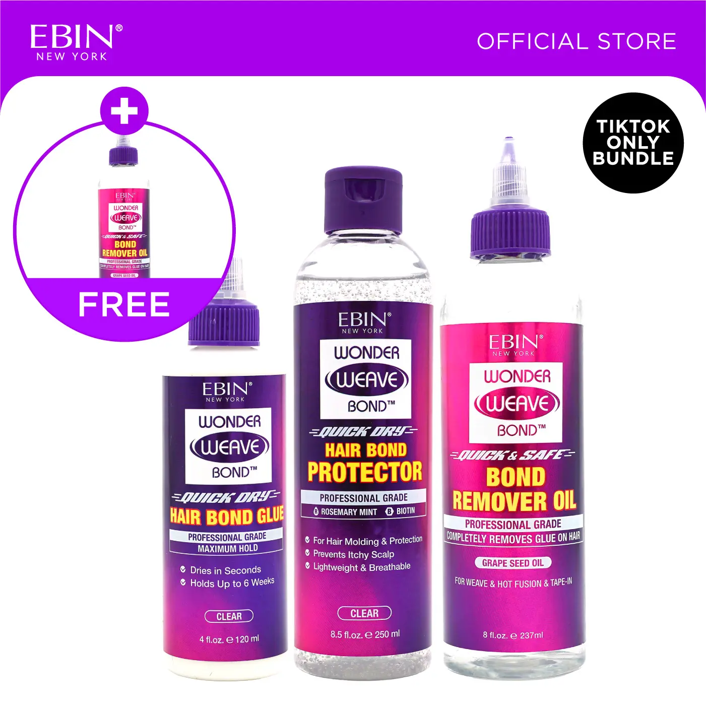 EBIN Wonder Weave Bond 3-Step Install & Care Bundle - Hair Bond Glue + Hair Protector + Bond Remover Oil with FREE Bond Removal Oil | Up to 6 weeks hold, Quick dry, Healthy hair
