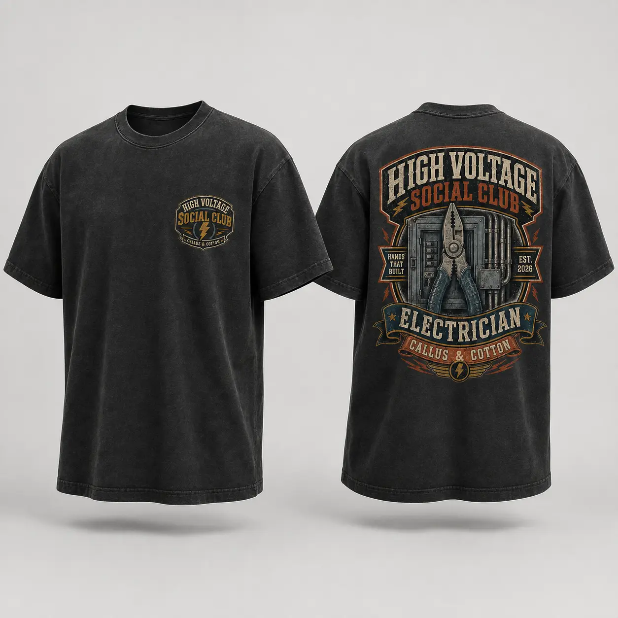 High Voltage Social Club Electrician T-Shirt – Vintage Electrical Tools Graphic Tee, Lineman Tradesman Work Shirt, Electrician Gift, Shirt for Men