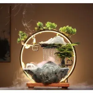 Tabletop Water Fountain, Indoor Waterfall with Round LED Light & Mist Maker and Incense Holder for Home Office Decor for Good Luck Wealth Decoration Ceramic Wood Household Wooden Green Ornaments Decorative Figurines Decorative Sculptures