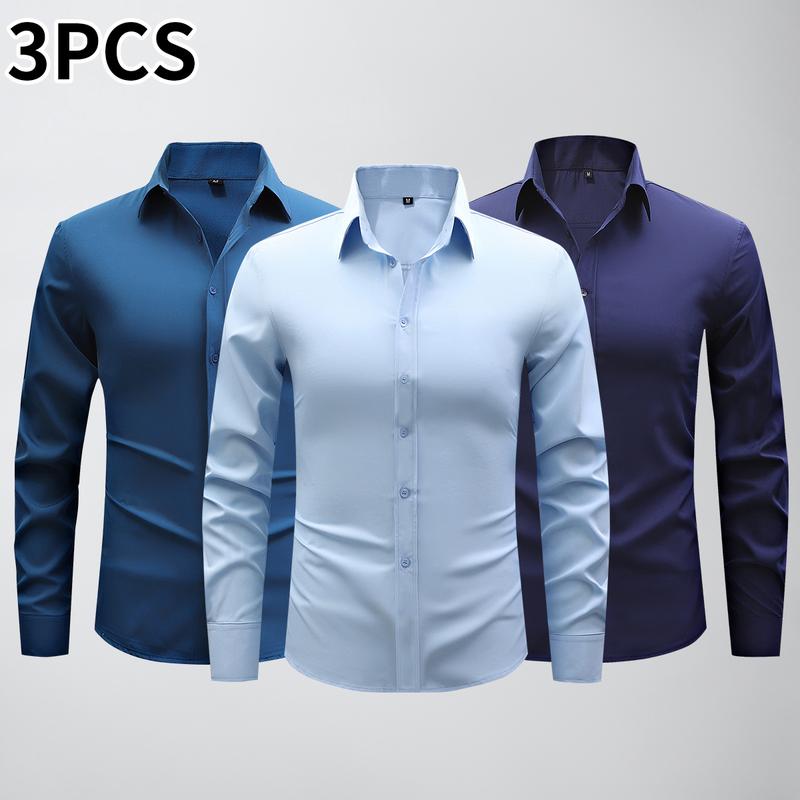 3-Pack Men's DressShirts 4-way Stretch Long SleeveCollared Solid Wedding Dating ButtonDown Shirts Business CasualBreathable Outfits Menswear Solid-color basics