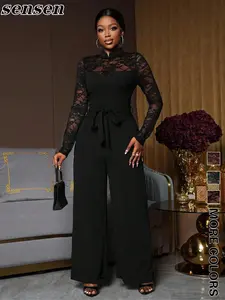 Women's Lace Patchwork Jumpsuit, Stand Collar Belted Waist Wide Leg Pants, Vintage Elegant Party Style Slimming One-Piece Romper