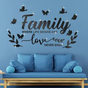 Mirror Family Wall Letter Quotes Decor 3D Acrylic Wall Decal Stickers DIY Removable Art Decals Motivational Butterfly Mural Stickers for Home Decor(Black)