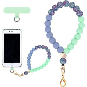 Marble Silicone Beaded Phone Wrist Strap, Cellphone Lanyard with Tether Tab, Elastic Hands-Free Wristlet Bracelet