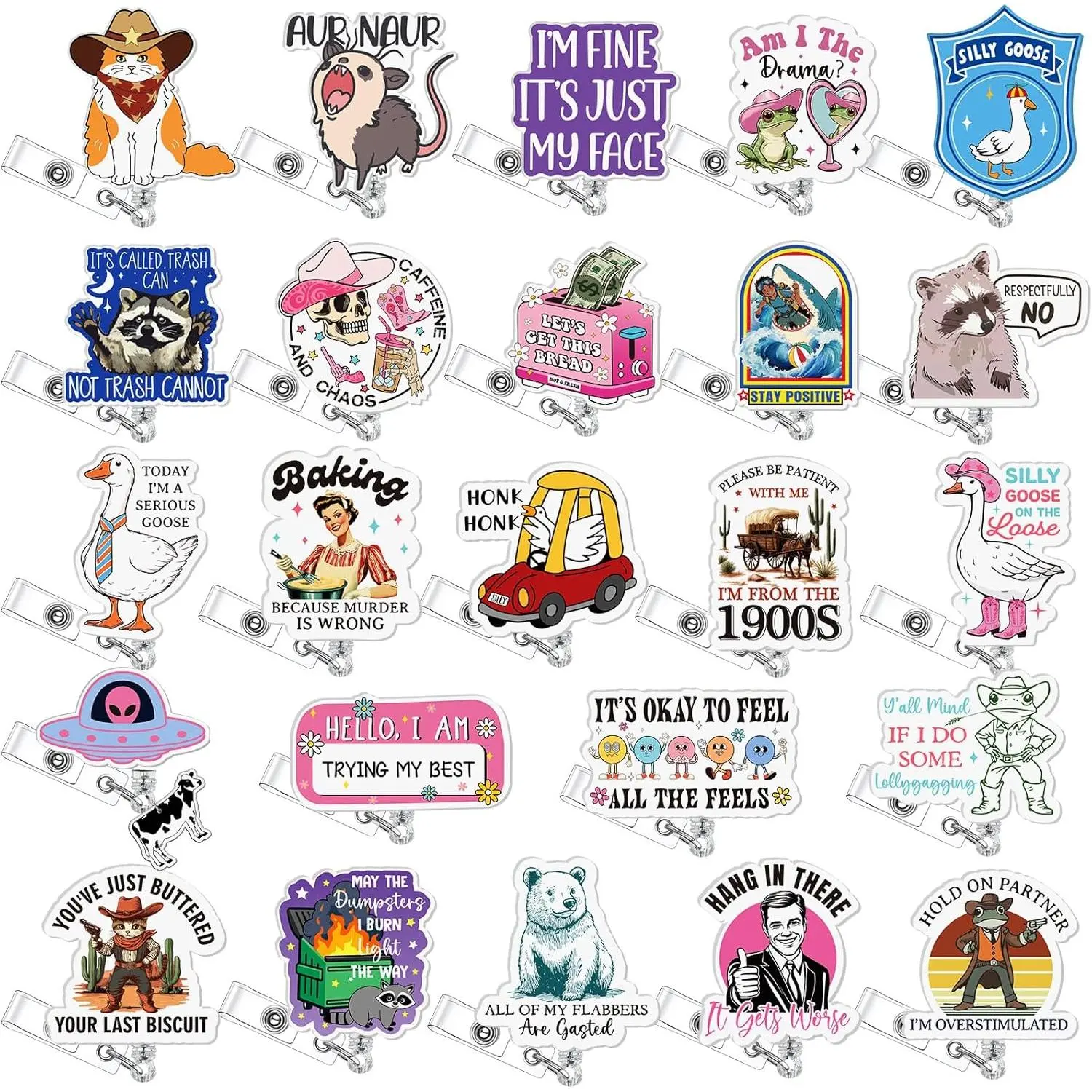 24-Count Robust Unisex Cute Badge Reels - Retractable Positive Quirky Relaxed Funny Varied Name ID Clip Holder, 24in Max, for Nurses, Office Bulk Identification Work Stationery Supplies Gifts