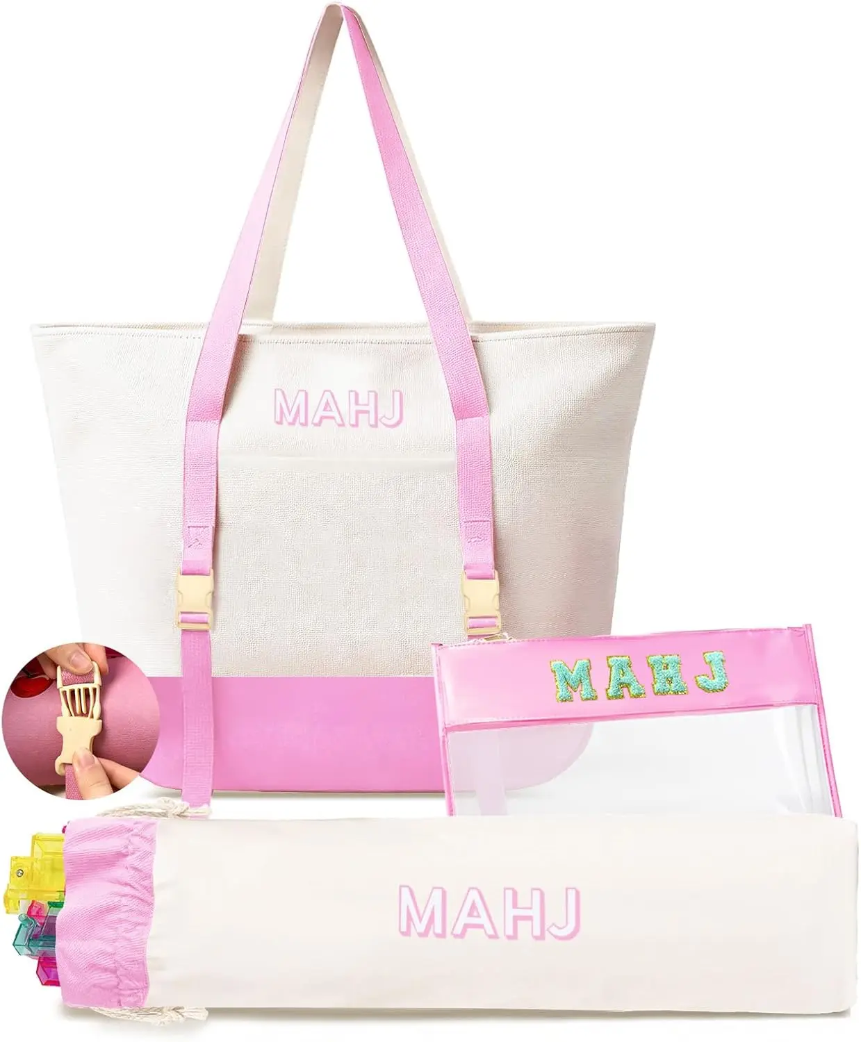 Empty Mahjong Tile Bags Set for American Tiles and Racks,Canvas Tote Bag with Mat Holder Accessories Organizer,Portable Mahjong Case Drawstring Protective Sleeve for Rack Pushers