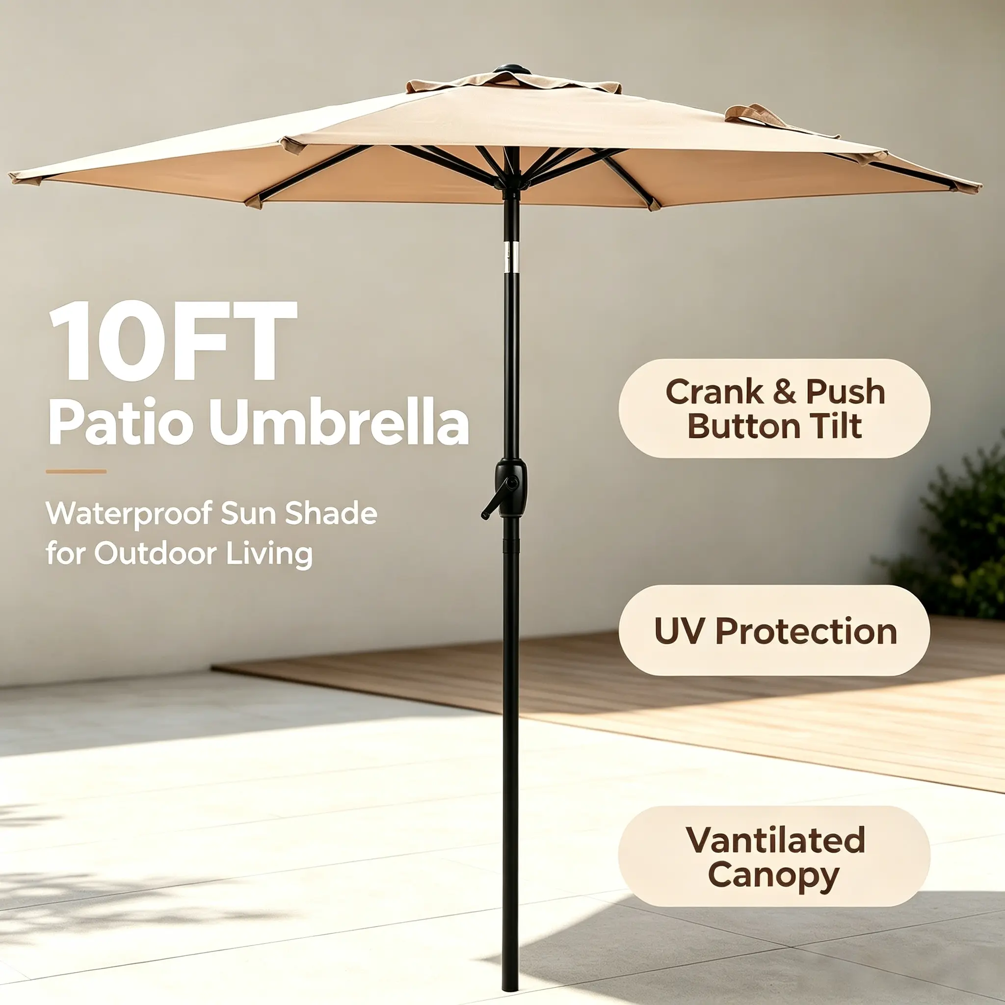 10ft Heavy Duty Outdoor Patio Umbrella - Manual Crank, Push Button 45° Tilt Sun Shade with Wind Vent, Waterproof Canopy for Backyard, Deck (Umbrella Base Not Included) campingessentials