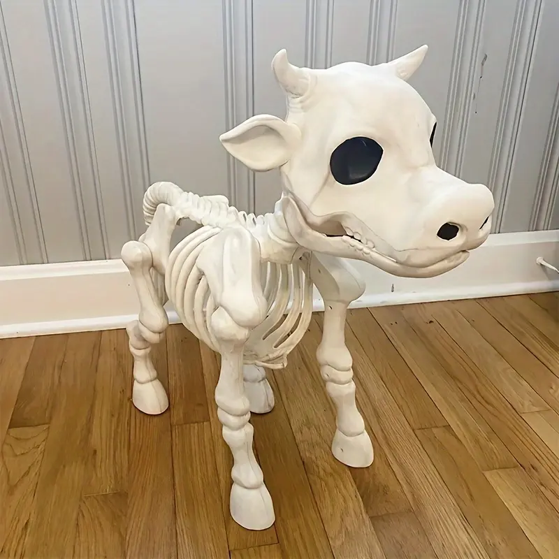 1pc Plastic Cow Skeleton Statue - Art Deco Halloween Aesthetic Animal Theme Decor, Outdoor Home Tabletop Mount Sculpture, Spooky Look Decorative Prop