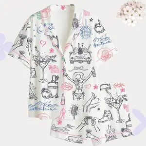 Girls Trip Pajama Set, Travel Doodle Pajamas, Bachelorette Party Sleepwear, Vacation PJs