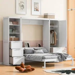 Queen Size Half Shelf Murphy Bed with 2 Side Cabinet Storage Shelves