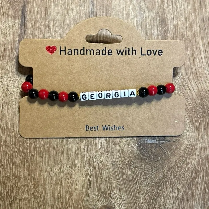 Handmade with Love Sports Team Bracelet with Checkered Bead Featuring Georgia Lettering Best Wishes