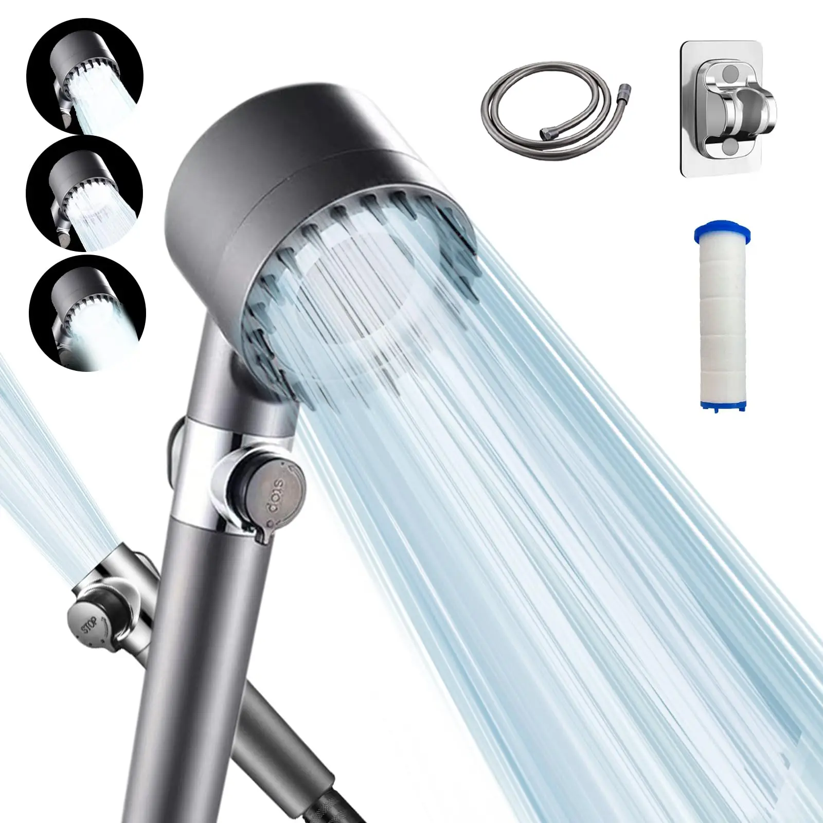 BORNERWHITE Filtered Shower Head with Handheld, 3 Counts/Set High Pressure Water Flow and Multiple Spray Modes Shower Head with Filter, Power Wash for