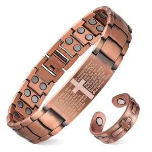 2x Copper Magnetic Bracelet for Men, Ultra Strength Cruciform Bracelet with Adjustable Link, Trendy Stack Bangle Faith Wear Jewelry