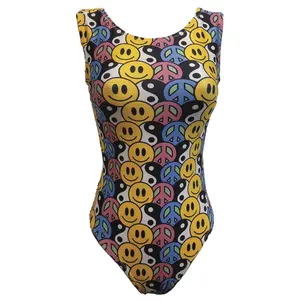 Happy Harmony Gymnastics Leotard- Retro Smiley Face & Peace Sign Print for Girls
