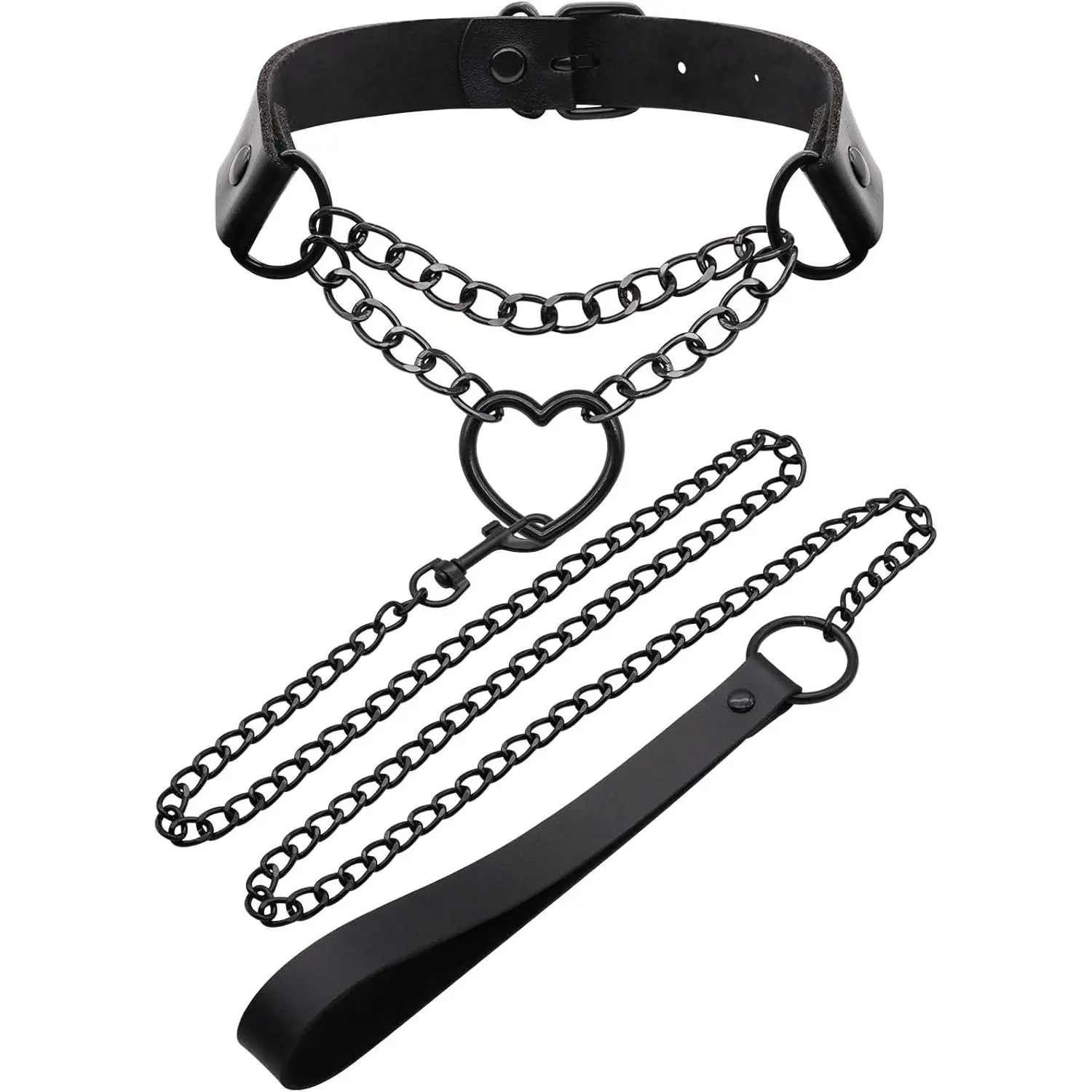 Gothic Heart Style Choker Collar, Faux Leather Punk Jewelry for Women with Adjustable Strap, Layered Chains and Leash for Rave Cosplay