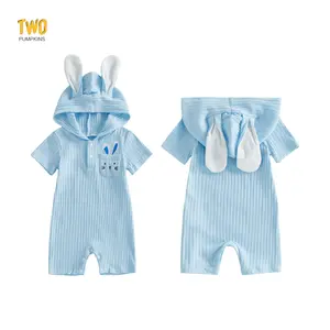 Easter Baby Cute Romper Bunny Ear Design Embroidered Button Short Sleeve Hooded Jumpsuit