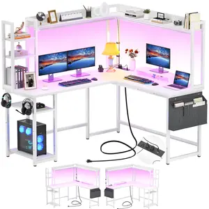 【Summer Sale】Gaming Desk with Power Outlets, 56.7" Reversible L Shaped Gaming Desk with Monitor Stand & Led Lights, Computer Desk with Storage Hutch, , Corner Gamer Desk Home Office Desk with Storage Bag