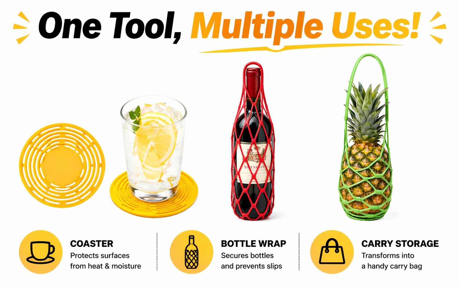 Multi-Use Silicone Storage Bag-4Pack & Organizer,Multifunctional Mesh Coaster,Foldable Silicone Wine Carrier,Handheld Bottle Mesh Coaster & Drink Holder,Expandable Bottle Tote for Fruit Wine Beverage