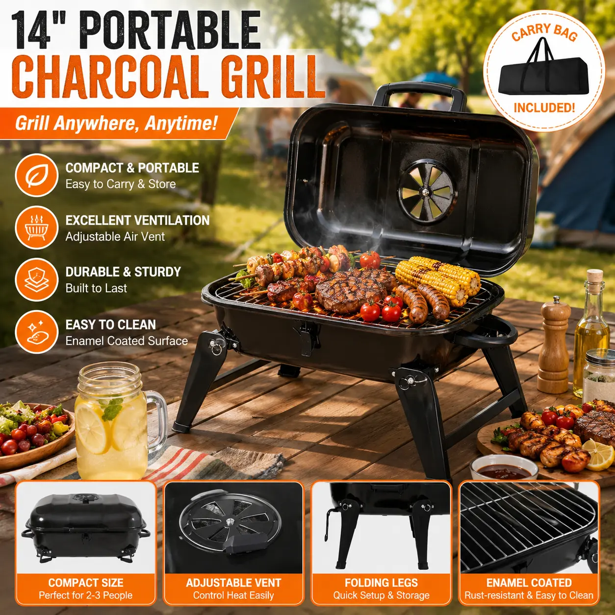 Portable Charcoal Grill 14 Inch Tabletop Small BBQ Grill Mini Smoker with Folding Legs Enamel Coated Vent for Outdoor Cooking Camping Tailgating Picnic RV Beach Travel Outside Grilling Station Clearance Black