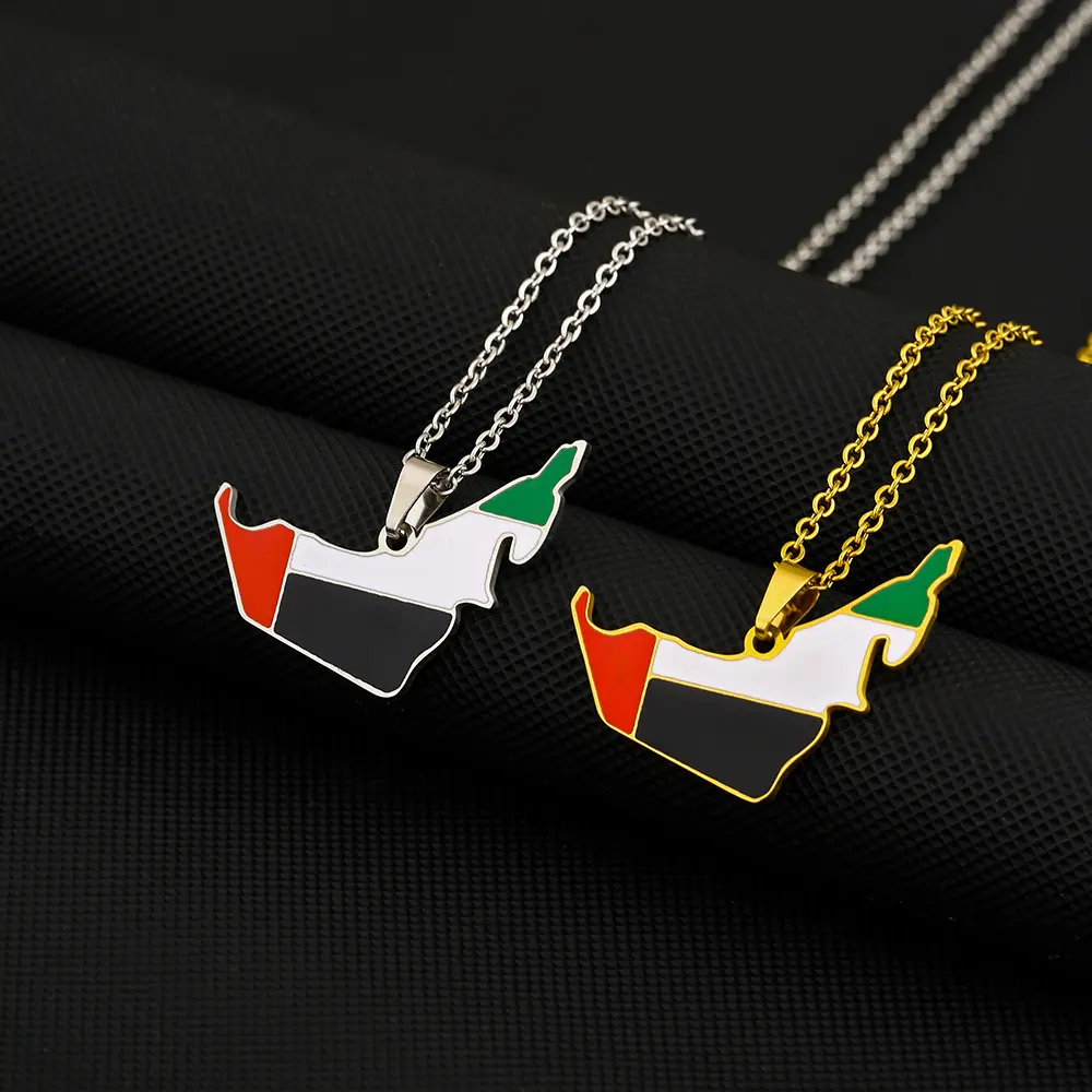 Stainless Steel UAE Map Flag Drop Necklace, Fashion New Pendant Necklace for Couples, Versatile Sweater Chain for Girlfriends