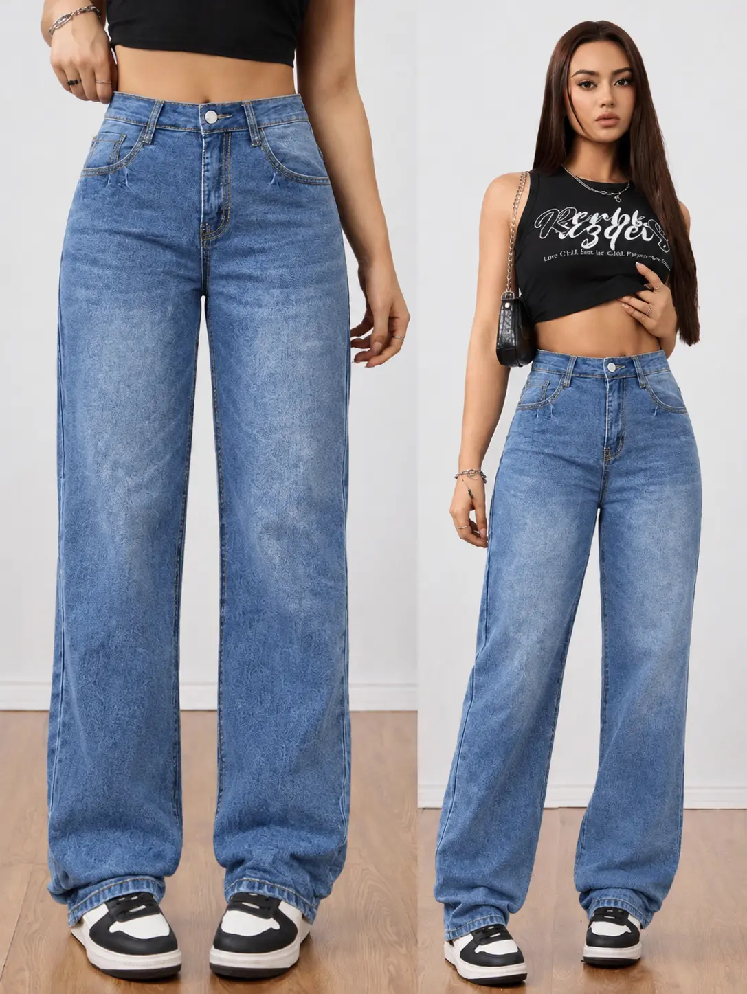 Women's Fashion High-Waist Y2K Aqua Blue Faded Washed Patchwork Pocket Jeans - Casual Streetwear Wide-Leg Baggy Womenswear Bottoms for Tall Women