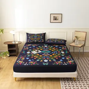 3pcs Vibrant Dark Blue Bohemian Wildflower Dragonfly Fitted Sheet Set,Room And Dormitories Mattress Protector(1 Fitted Sheet + 2 Pillowcase No Pillow)
