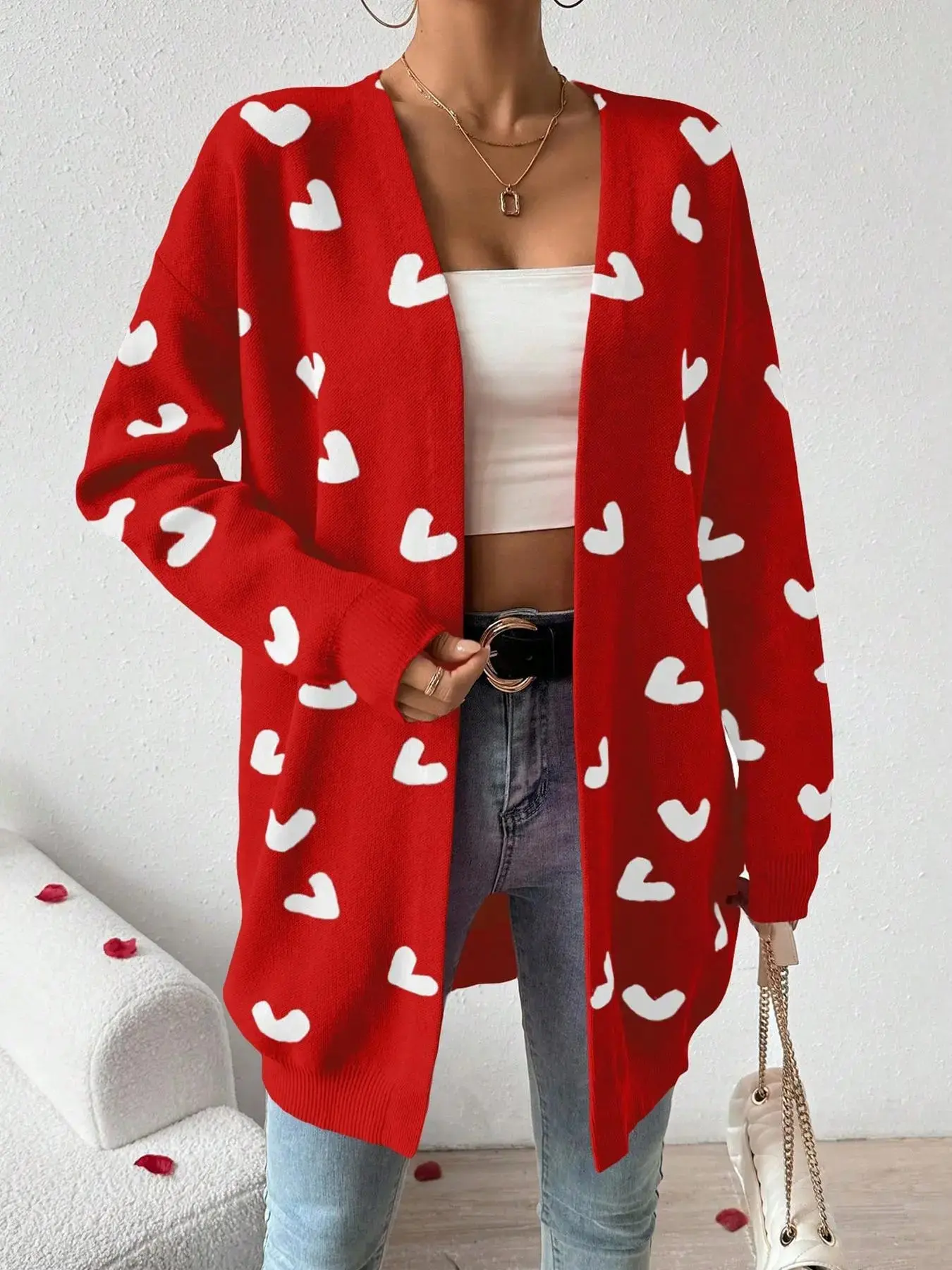 Women Open Front Duster Sweaters Casual Elegant Knitwear Long Sleeve Heart Print Knitted Cardigans Fall Knitwear for Streetwear