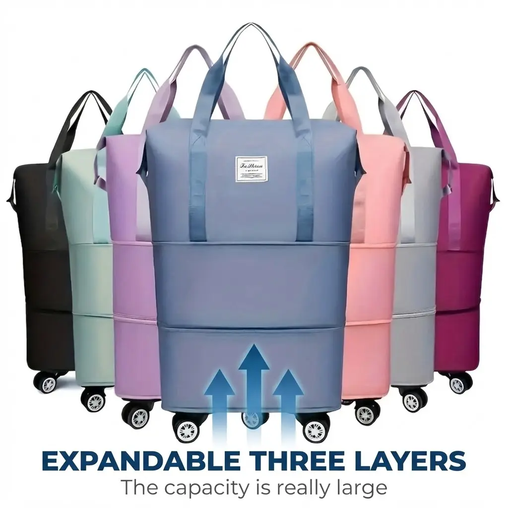Multifunctional Nylon Rolling Duffle Bag with 360° Spinner Wheels, 3-Layer Foldable Wheeled Carryon Luggage, Dry-Wet Separation, Water-Resistant Durable Travel Tote for Weekend Overnight Camping