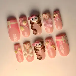 S143 Nailed by Vibe - Monkey Handmade Press-On Nails, 3D Cute Doll Girl Design with Pink Bows, Polka Dots & Banana Charms, Soft Pastel Pink, Gift for Her