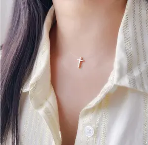 Floating Cross Necklace – Clear Cord Illusion Necklace with Tiny 18k Gold-Plated Charm