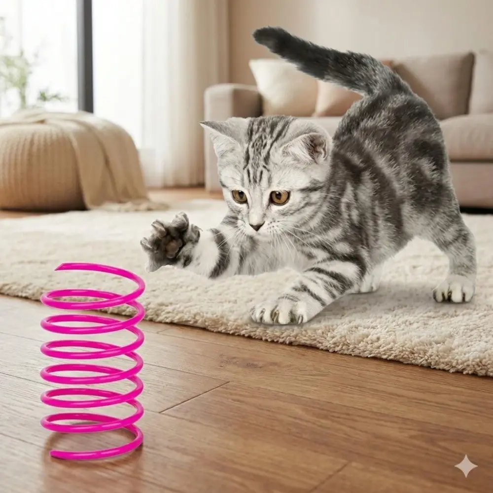 Durable Eco-Friendly Cat Toy 4-Piece Set: Washable, Safety Certified Spring Teether with Anti-Swallow Design, Interactive Kitten Wand, Self-Play Mixed Color Toys, Fun Wide Opening Teaser. Cats Love Spring Toy Collection.