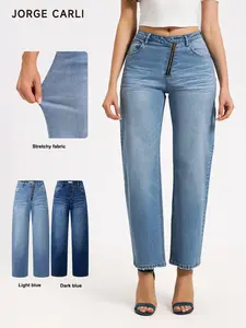 JORGE CARLI  Women's Mid-Waist Elastic Straight Leg Jeans, Front Zipper Design, Casual Office Wear, Versatile Nine-Part Wide Leg Pants
