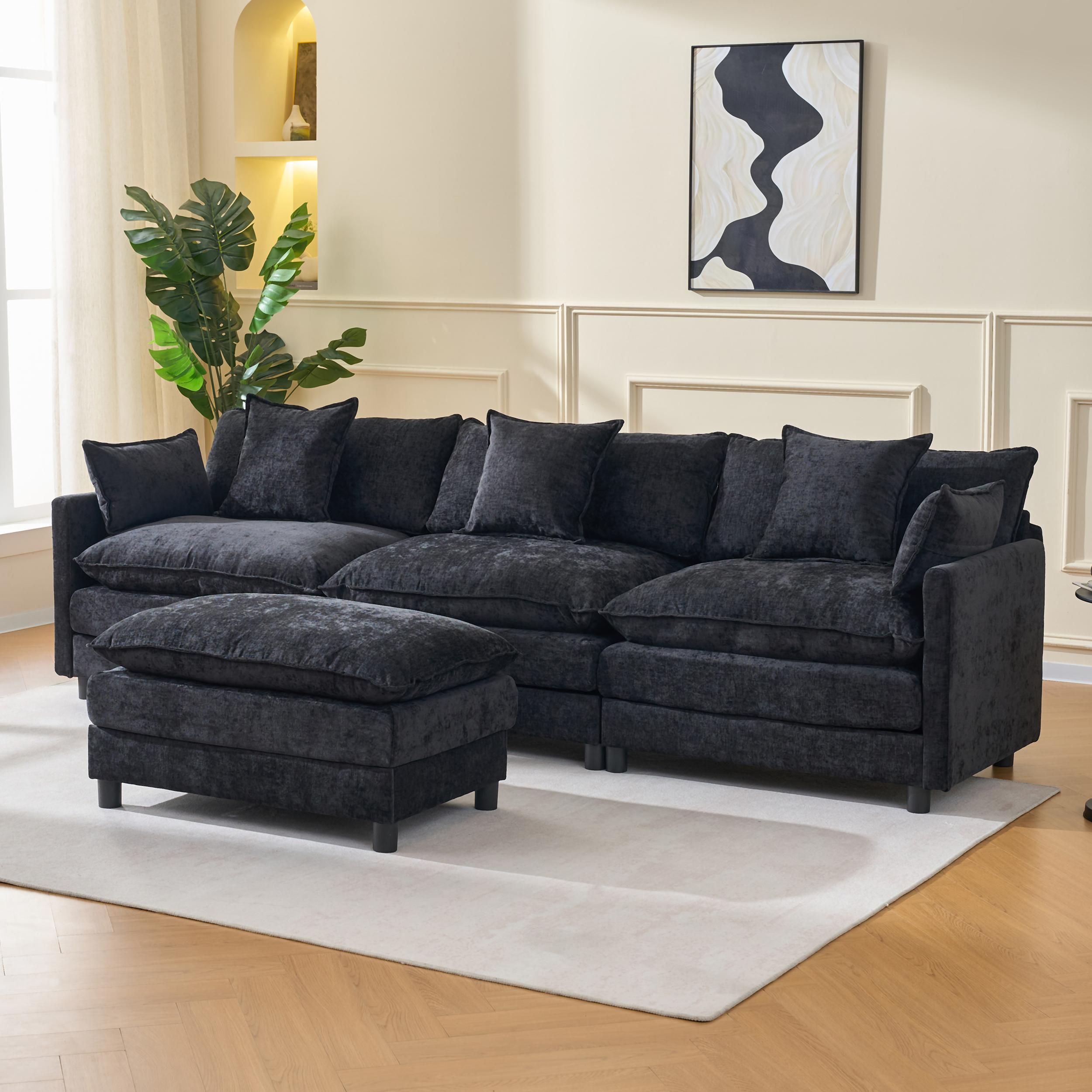 Niccae Large Sectional Sofa with Ottoman, 4-Seat L Shaped Cloud Couch for Family, Pet Friendly Chenille Fabric, Easy Clean, Sturdy Wood Frame, Quick Assembly Living Room Furniture for Home Office