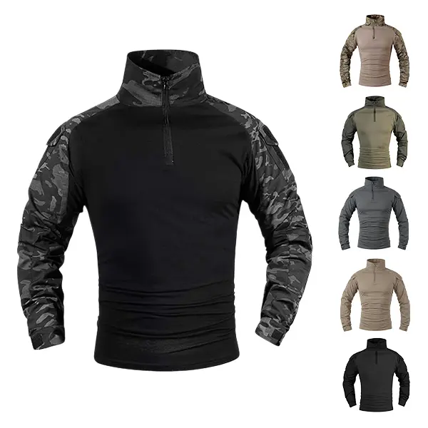 Men’s long-sleeve outdoor top available in five colors, featuring a half-zip placket, stand collar, camouflage color-block design at the shoulders, and stretch fabric.