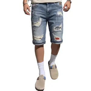 Men's Heavy Distressed Patchwork Retro Straight Denim Shorts - Casual Breathable Vintage Ripped Jorts with Red-Black Patches, Pockets, Grunge Punk Streetwear, Cotton Embroidered Flannel Accents for Spring Upgrades