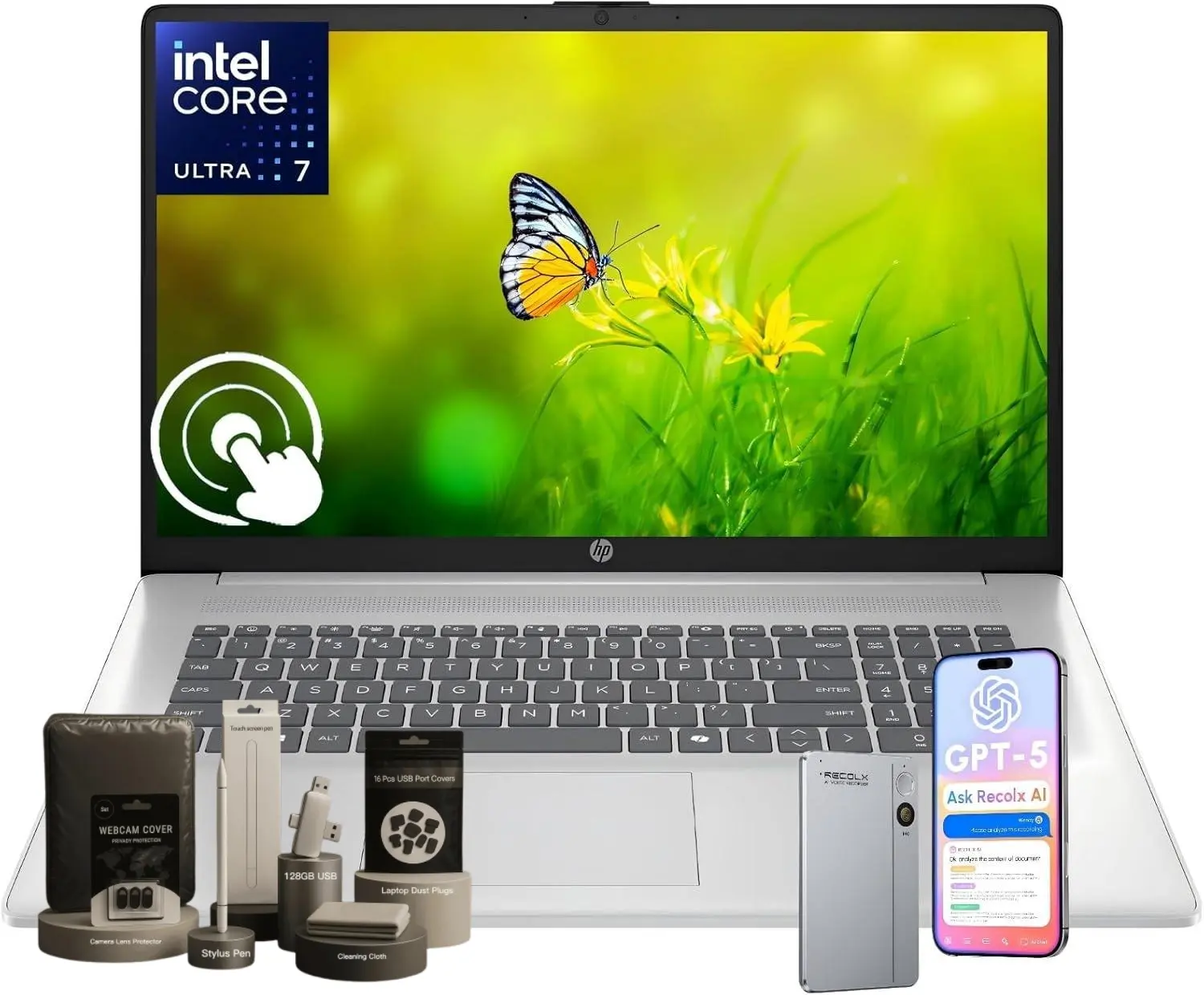 HP 17 inch Laptop Computer, 17.3" HD+ Touchscreen (1600x900), Intel Ultra 7 255U (12-Core, AI Boost NPU), 32 GB DDR5, 1 TB SSD, Backlit KB, Wi-Fi 6, Copilot AI, Win 11 Pro, w/RECOLX AI Voice Recorder