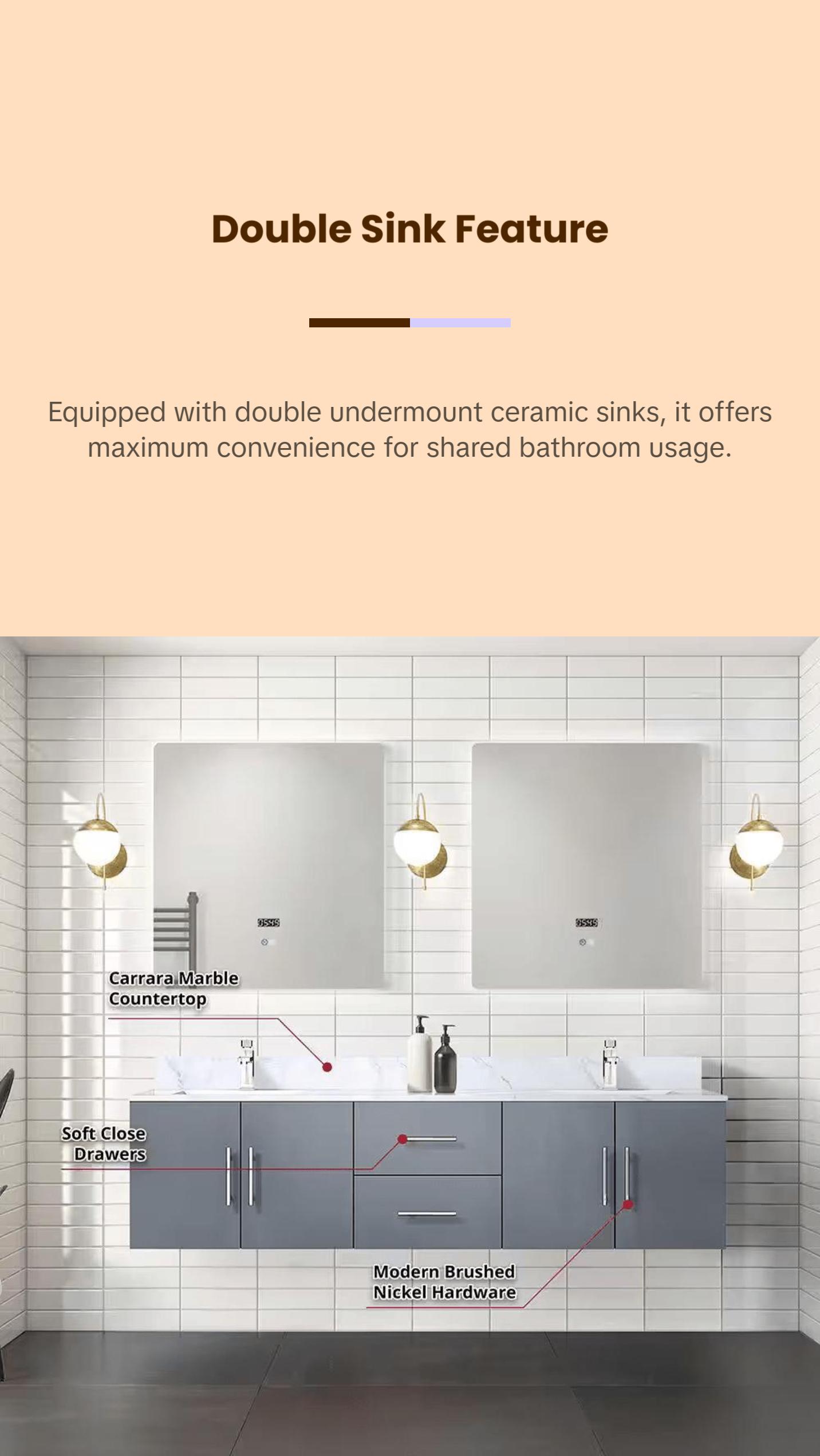 Geneva 72 In. Floating / Wall Mounted Dark Grey Bathroom Vanity With Double Undermount Ceramic Sink, White Carrara Marble Top