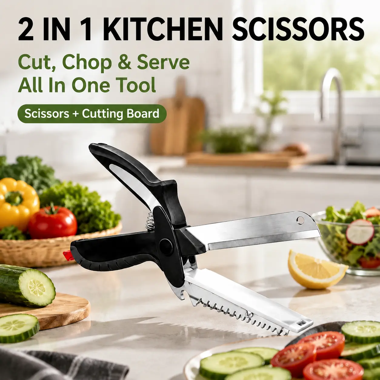 2 in 1 Kitchen Scissors for Food – Stainless Steel Blade & Plastic Cutting Board Scissors with Safety Lock | 9.6" Tomato Knife, Fruit & Vegetable Cutter – Easy-to-Use Kitchen Shears for Meat, Cheese