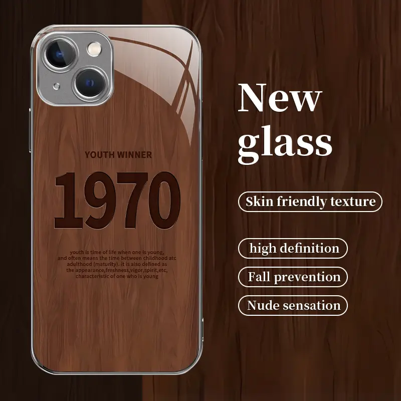 iPhone 13 High-Grade Vintage Simple Wood Grain Glass Case - Affordable Casing with Drop Protection, Anti-Fingerprint Cover & Mobile Phone Accessory
