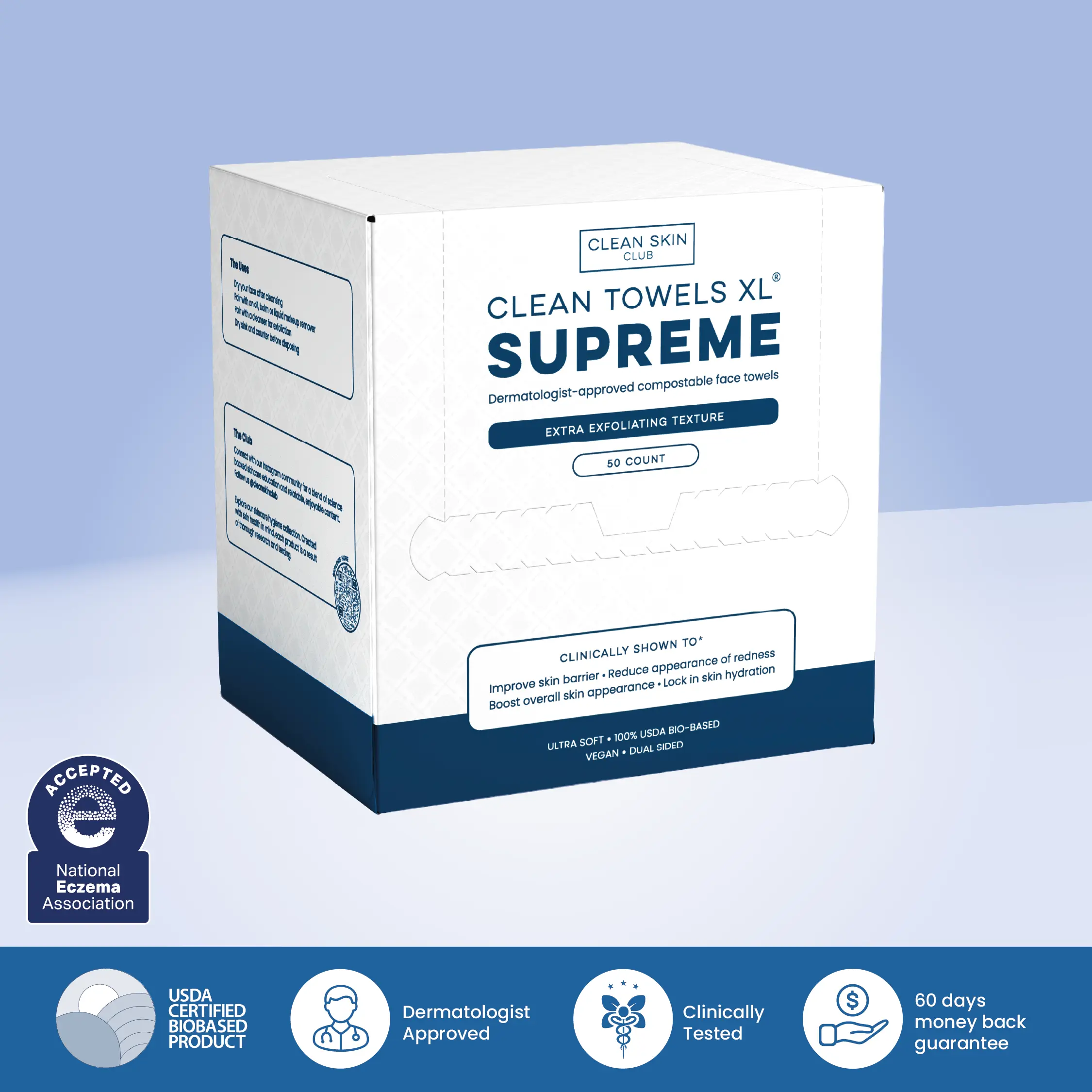 Clean Skin Club Clean Towels XL® Supreme, 100% USDA Biobased Face Towel, Disposable Face Towelette, Eczema Association Accepted, Thicker Textured Dry Wipes, Ultra Absorbent & Soft, 1 Pack, 50 Ct