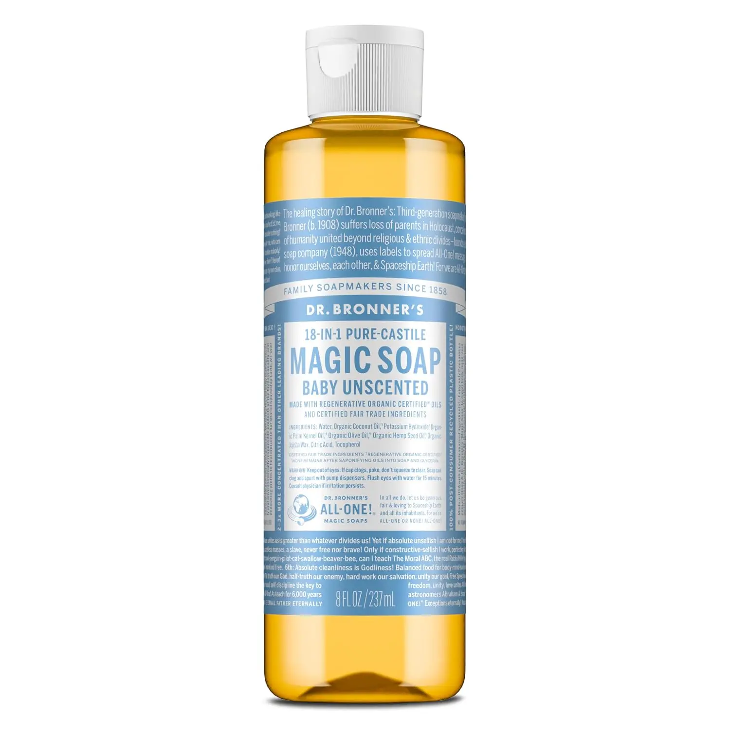 Dr. Bronner's Baby Unscented Pure-Castile Liquid Soap, No Fragrance, 8 oz | Body Wash, Gentle on Sensitive Skin, 18-in-1 Uses: Hands, Face, Hair, Laundry, Pets & More - Fair Trade & Organic Ingredients