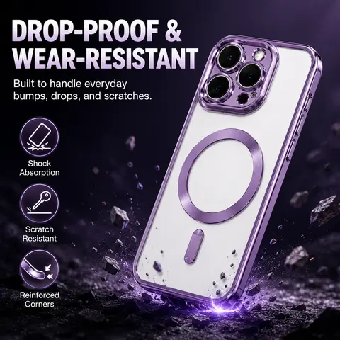 Luxury Transparent MagSafe Wireless Charging Half-Wrapped Smartphone Cover, iPhone 11–17 Fit (X,XS,XR,11,12,12 Pro,13,14,15,16,17,17 Air,Pro Max,Plus) Magnetic Soft Silicone Cellphone Case, Matte Purple Gradient Glitter Bling, Shockproof Phone Accessory