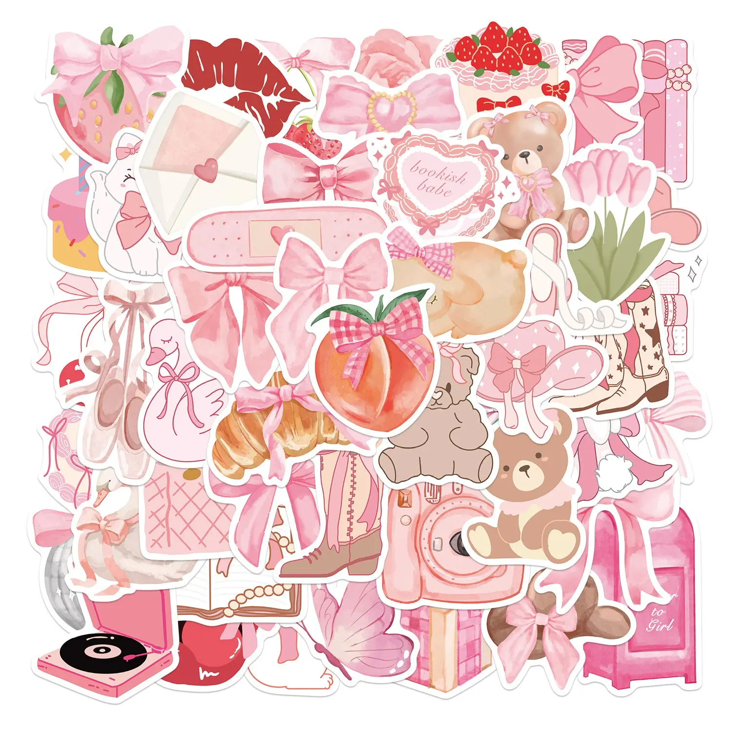 50pcs Pink Coquette Bow Stickers Pack, Sticker Packs Waterproof Kawaii Cute Girly Decals for Laptop, Water Bottle, Journal & Scrapbook, Stickers for Scrapbooking, Teen Girl Gift, Sticker Sheets