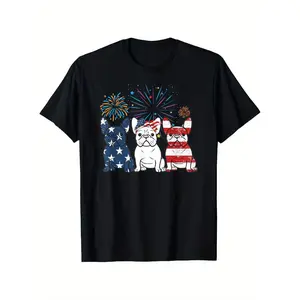French Bulldog American Flag 4th Of July Independence Day T-Shirt 100% Cotton Round Neck T-shirt Halloween Thanksgiving Christmas Gift for Men Women Family Friends, Valentines Day Gifts for Boyfriend Girlfriend