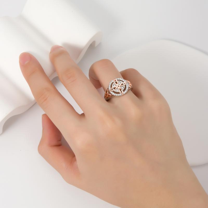 925 Sterling Silver Rose Gold Plated Celtic Knot Ring, Anillo Nudo de Bruja Plata 925 Original Witch Knot Jewelry, Cubic Zirconia Decorated S925 Witches Knot Ring, Witchtok Witch Jewerly Pagan Jewelry for Devotion for Protection