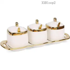 Sugar Bowl with Lid and Spoon,Ceramic Condiment Jars  Container with Tray,Salt and Sugar Containers, Condiment Canisters Pots Seasoning Box Set of 3 for Kitchen Coffee Bar,WhiteXXBloop210