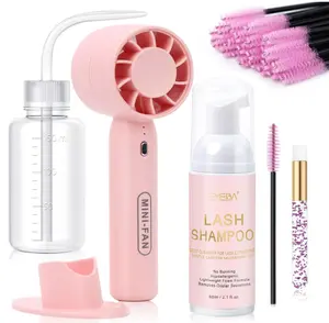 EMEDA Lash Shampoo Kit 2.02 fl oz Lash Cleaning Kit with Rechargeable Fan Dryer/Brush/Rinse Bottle, Oil-free Cleanser Wash for Extensions & Clusters & Natural Eyelashes, Cleaner for Eyelash Care